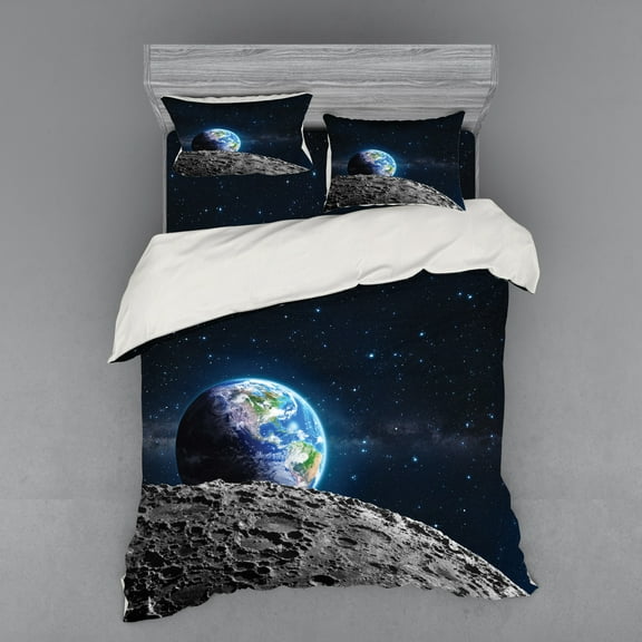 Ambesonne Galaxy Bedding Set 4 Pcs, Moon Surface Luna Design, Queen, Grey Dark Blue