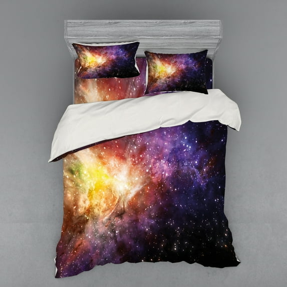 Ambesonne Galaxy Bedding Set 4 Pcs, Outer Space Nebula View, Queen, Black Purple Yellow