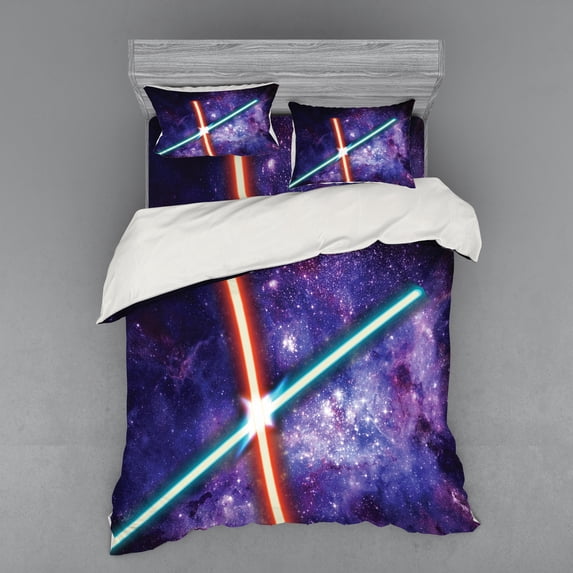 Ambesonne Galaxy Bedding Set 4 Pcs, Space Clash, Queen, Red Blue and Black