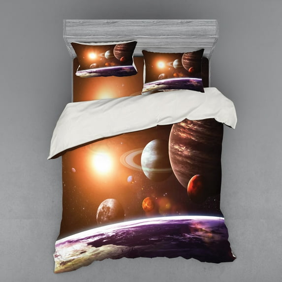Ambesonne Galaxy Bedding Set 4 Pcs, Space View Solar System, Queen, Magenta Orange
