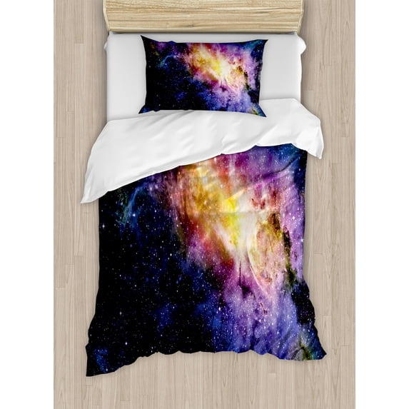Ambesonne Galaxy Duvet Cover Set, Alluring Nebula Stars, Twin, Black Purple and Yellow
