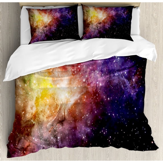 Ambesonne Galaxy Duvet Cover Set, Outer Space Nebula View, Queen, Black Purple Yellow