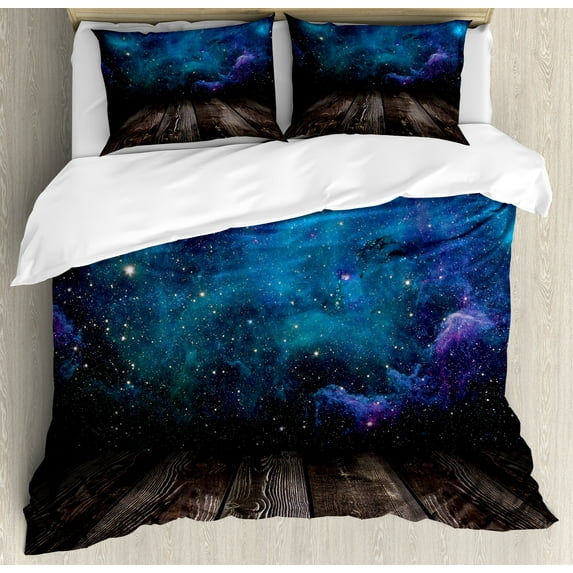 Ambesonne Galaxy Duvet Cover Set, Space from Home View, 2-Calking, Purple Blue Brown