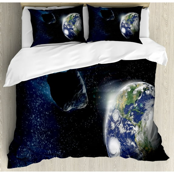 Ambesonne Galaxy Duvet Cover Sets, Asteroid Rocky Space, 2-King, Dark Blue Grey
