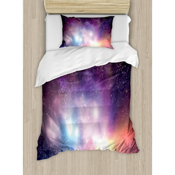 Ambesonne Galaxy Duvet Cover Sets, Cosmos Universe Space, 2-Twin, Purple Coral Pale Blue