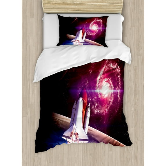 Ambesonne Galaxy Duvet Cover Sets, Milky Way Galactic Theme, 2-Twin, Magenta White
