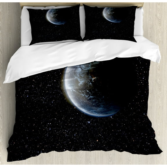 Ambesonne Galaxy Duvet Cover Sets, Moon Planet Earth Cosmos, 2-Queen, Blue Black