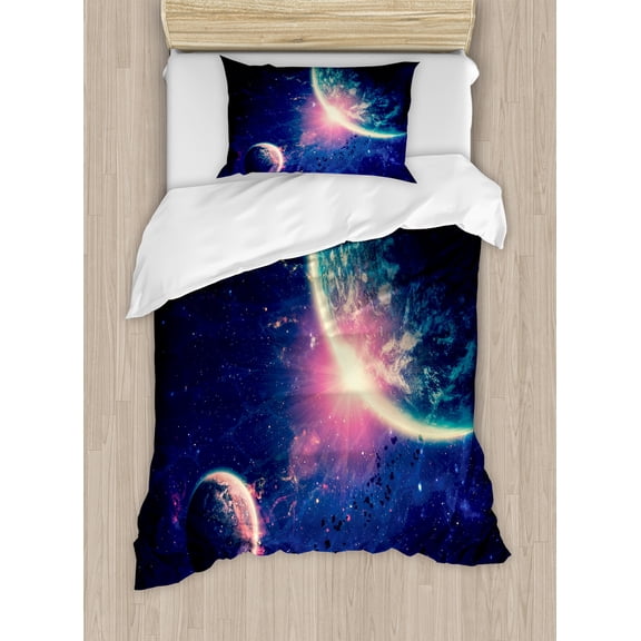 Ambesonne Galaxy Duvet Cover Sets, Outer Space Mars Planets, 2-Twin, Navy Blue Pink