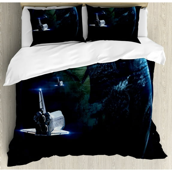 Ambesonne Galaxy Duvet Cover Sets, Spaceship Earth Fiction, 2-King, Navy Blue Grey