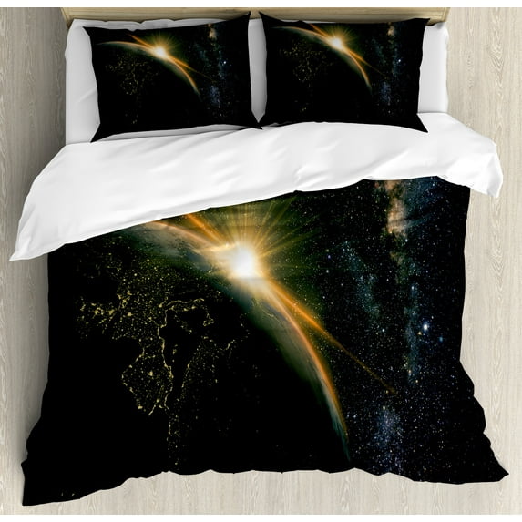 Ambesonne Galaxy Duvet Cover Sets, Sun Rising Above Earth, 2-King, Black