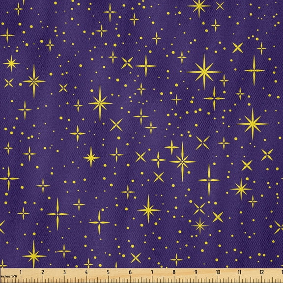 Ambesonne Galaxy Fabric by the Yard Microfiber, Cartoon Stars Minimalist Art, 1 Yard, Indigo and Dark Mustard