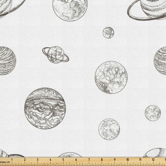 Ambesonne Galaxy Fabric by the Yard Upholstery, Astronomy Planets Sketching, 1 Yard, White and Pale Taupe