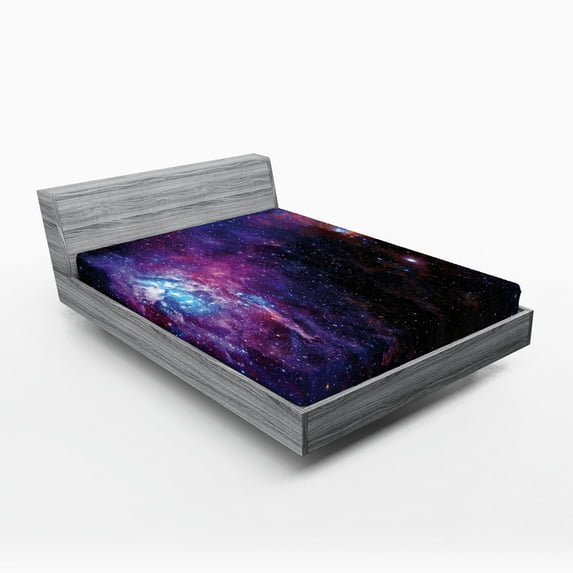 Ambesonne Galaxy Fitted Sheet 2 Pcs Set, Mother Nebula View, California King, Purple Black Blue