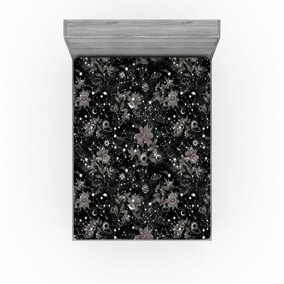 Ambesonne Galaxy Fitted Sheet, Astro Art Roses Space Print, California King, Dark Sepia and Charcoal Grey