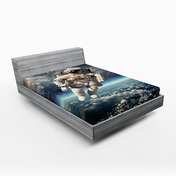 Ambesonne Galaxy Fitted Sheet, Astronaut Floats Outer Space, Full Size, Grey Blue