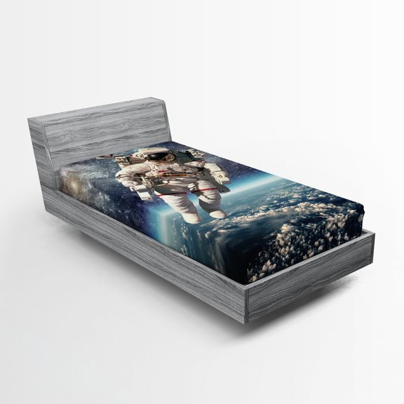 Ambesonne Galaxy Fitted Sheet, Astronaut Floats Outer Space, Twin Size, Grey Blue