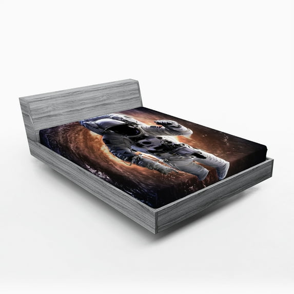 Ambesonne Galaxy Fitted Sheet, Astronaut in Outer Space, Full Size, Grey Orange