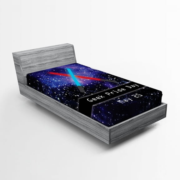 Ambesonne Galaxy Fitted Sheet, Geek Nerd Pride Day, Twin Size, Blue Black and Red