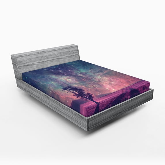 Ambesonne Galaxy Fitted Sheet, Lonely Tree View, Queen Size, Pink Coral Blue