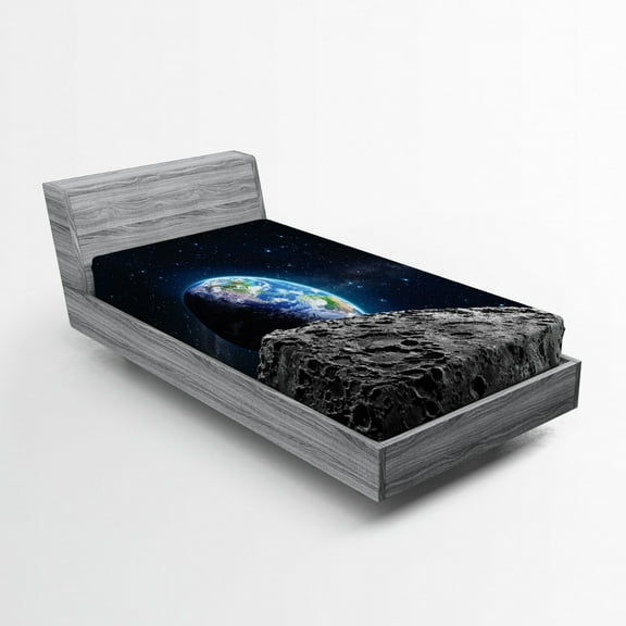 Ambesonne Galaxy Fitted Sheet, Moon Surface Luna Design, Twin Size, Grey Dark Blue