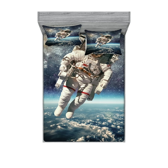 Ambesonne Galaxy Fitted Sheet & Pillow Sham Set, Astronaut Floats Outer Space, Full, Grey Blue