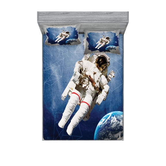 Ambesonne Galaxy Fitted Sheet & Pillow Sham Set, Digital Planet Earth, Full, Blue Grey