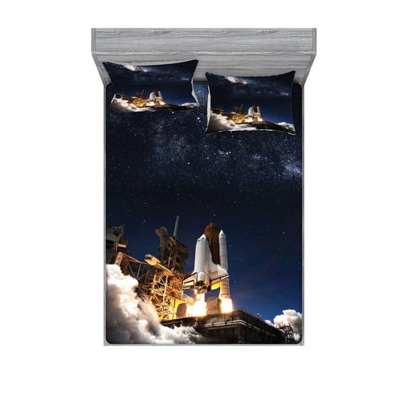 Ambesonne Galaxy Fitted Sheet & Pillow Sham Set, Galaxy Solar Adventure, Queen, Blue White