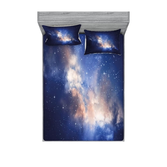Ambesonne Galaxy Fitted Sheet & Pillow Sham Set, Immense Space Hole View, Full, Navy Blue
