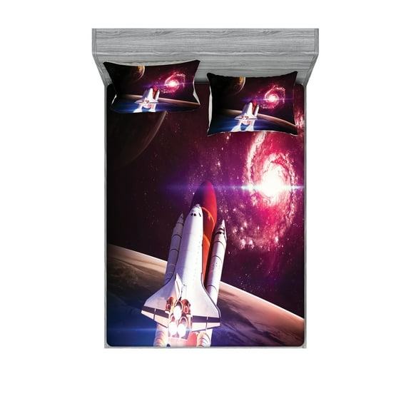 Ambesonne Galaxy Fitted Sheet & Pillow Sham Set, Milky Way Galactic Theme, Queen, Magenta White