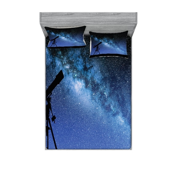 Ambesonne Galaxy Fitted Sheet & Pillow Sham Set, Milky Way Nİght Galaxy, Queen, Dark Blue Black