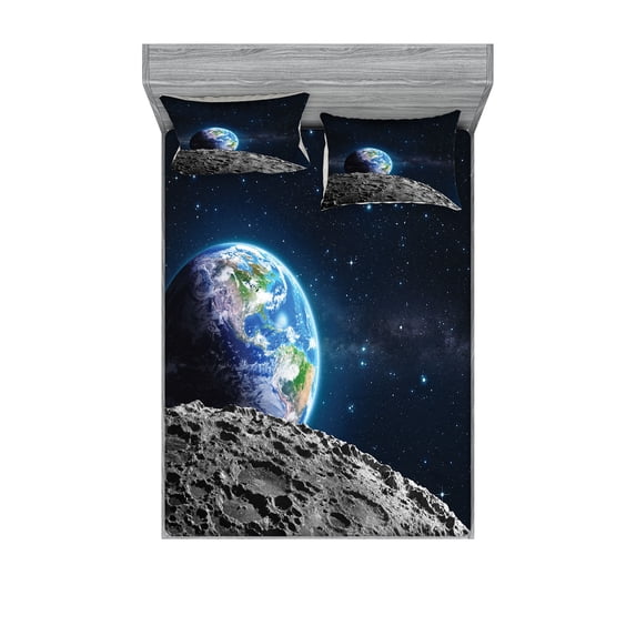Ambesonne Galaxy Fitted Sheet & Pillow Sham Set, Moon Surface Luna Design, Queen, Grey Dark Blue