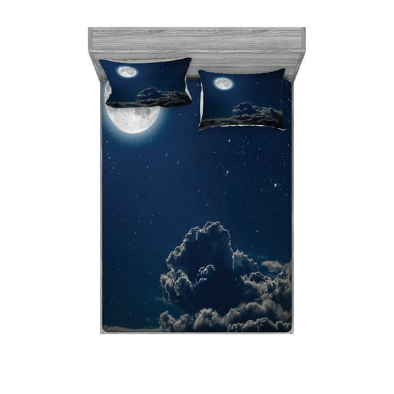 Ambesonne Galaxy Fitted Sheet & Pillow Sham Set, Moon and Stars, Queen, Grey Dark Blue