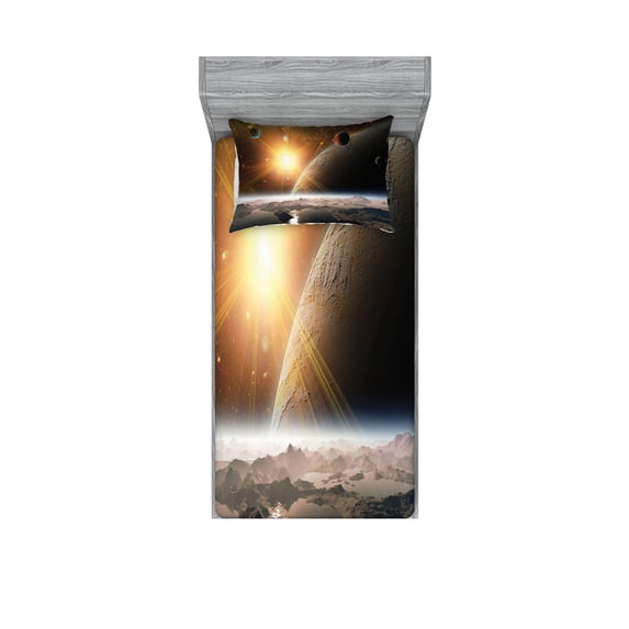 Ambesonne Galaxy Fitted Sheet & Pillow Sham Set, Moons Universe Earth, Twinxl, Yellow White Brown