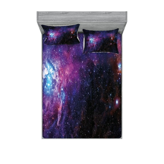 Ambesonne Galaxy Fitted Sheet & Pillow Sham Set, Mother Nebula View, King, Purple Black Blue