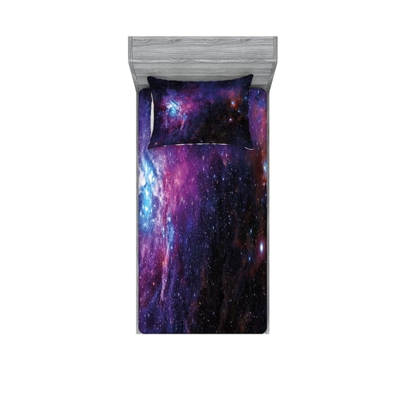 Ambesonne Galaxy Fitted Sheet & Pillow Sham Set, Mother Nebula View, Twin, Purple Black Blue