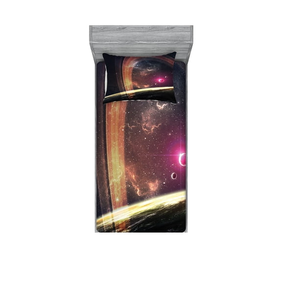 Ambesonne Galaxy Fitted Sheet & Pillow Sham Set, Nabula Dust with Stars, Twinxl, Dark Grey Magenta