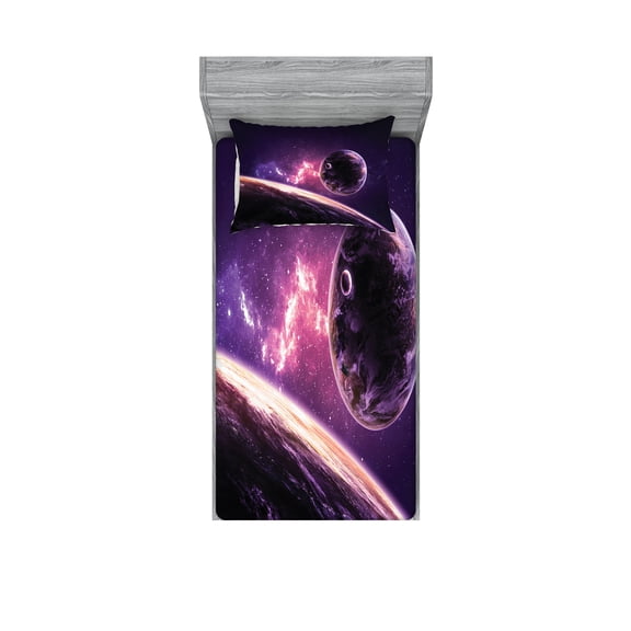 Ambesonne Galaxy Fitted Sheet & Pillow Sham Set, Nebula Celestal Cornet, Twin, Magenta Mauve