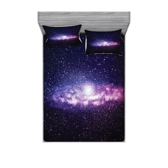 Ambesonne Galaxy Fitted Sheet & Pillow Sham Set, Nebula Cloud Milky Way, Queen, Purple Dark Blue