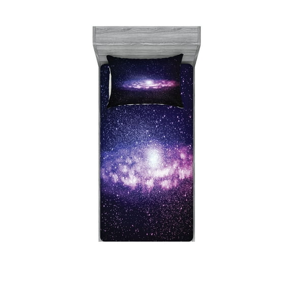 Ambesonne Galaxy Fitted Sheet & Pillow Sham Set, Nebula Cloud Milky Way, Twin, Purple Dark Blue
