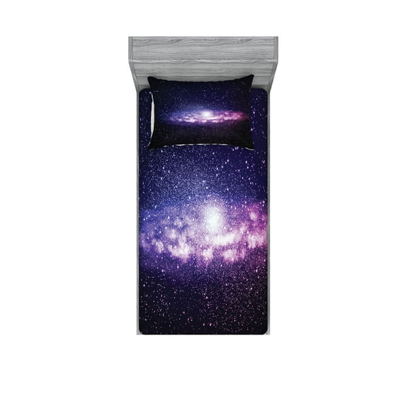 Ambesonne Galaxy Fitted Sheet & Pillow Sham Set, Nebula Cloud Milky Way, Twin, Purple Dark Blue