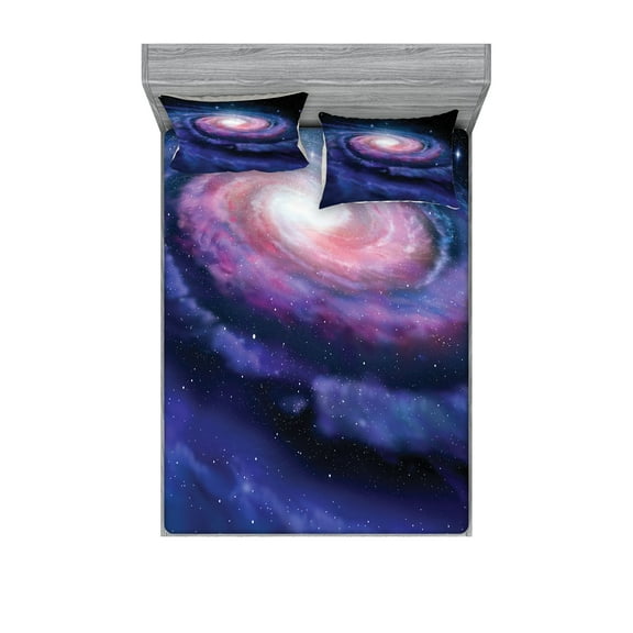 Ambesonne Galaxy Fitted Sheet & Pillow Sham Set, Nebula in Outer Space, Queen, Mauve Blue