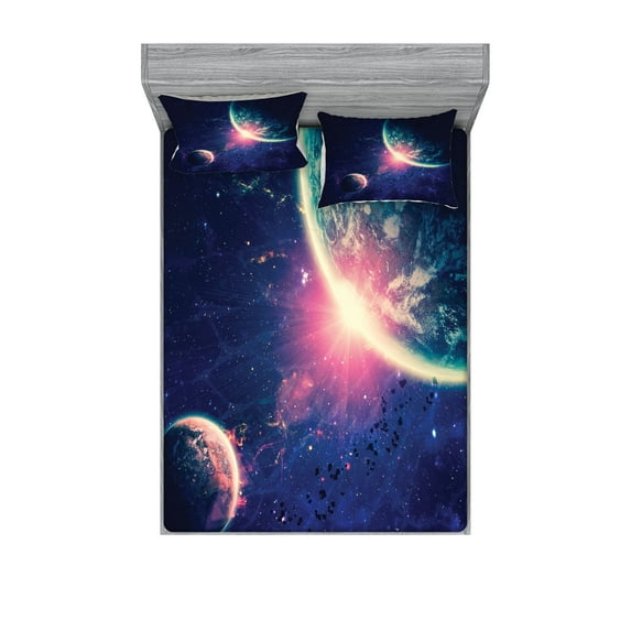 Ambesonne Galaxy Fitted Sheet & Pillow Sham Set, Outer Space Mars Planets, Queen, Navy Blue Pink