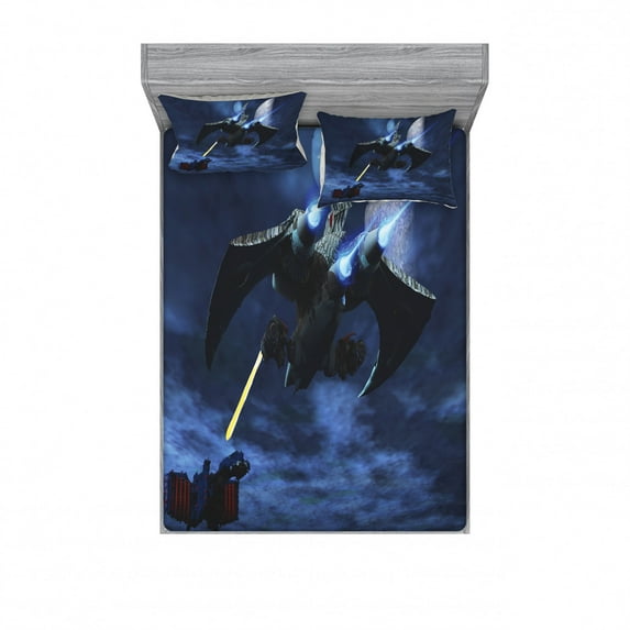 Ambesonne Galaxy Fitted Sheet & Pillow Sham Set, Spaceship Laser Beam, Full, Blue Black