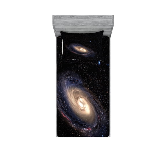 Ambesonne Galaxy Fitted Sheet & Pillow Sham Set, Spiral Space Universe, Twinxl, Black Beige Purple