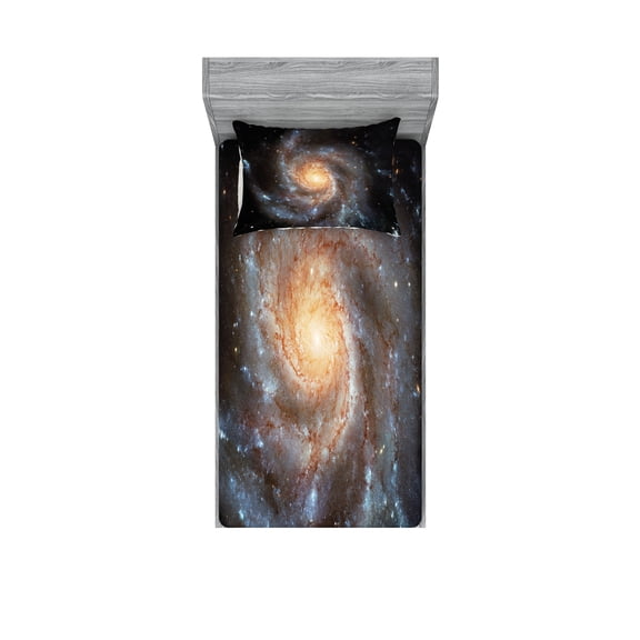 Ambesonne Galaxy Fitted Sheet & Pillow Sham Set, Star Disc in Huge Space, Twinxl, Black Beige Violet