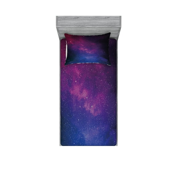 Ambesonne Galaxy Fitted Sheet & Pillow Sham Set, Stardust Space Rainbow, Twin, Black Pink Blue