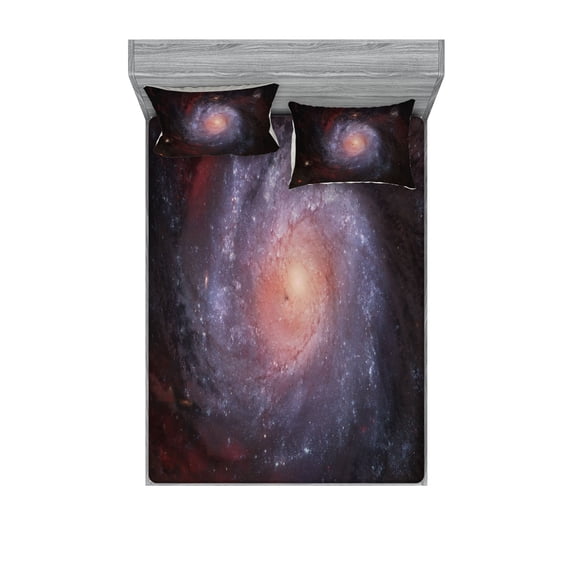 Ambesonne Galaxy Fitted Sheet & Pillow Sham Set, Stardust View in Space, Queen, Black Red Grey