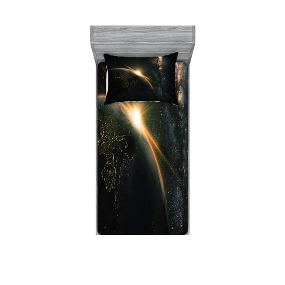 Ambesonne Galaxy Fitted Sheet & Pillow Sham Set, Sun Rising Above Earth, Twin, Black