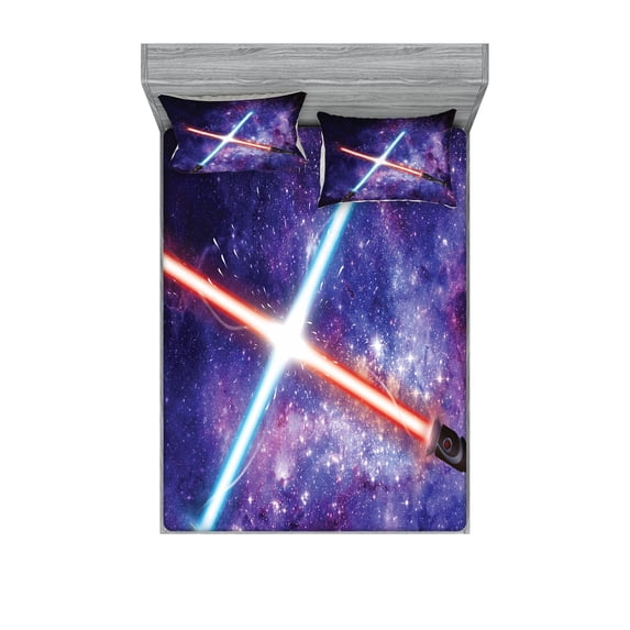 Ambesonne Galaxy Fitted Sheet & Pillow Sham Set, Theme, Full, Purple Blue and Black