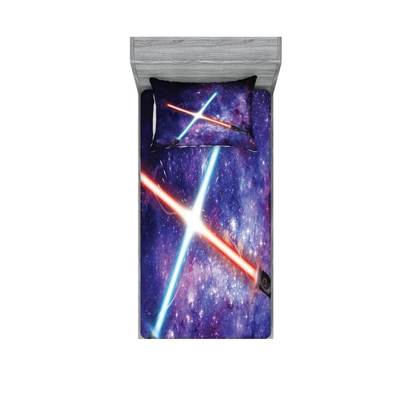 Ambesonne Galaxy Fitted Sheet & Pillow Sham Set, Theme, Twin, Purple Blue and Black